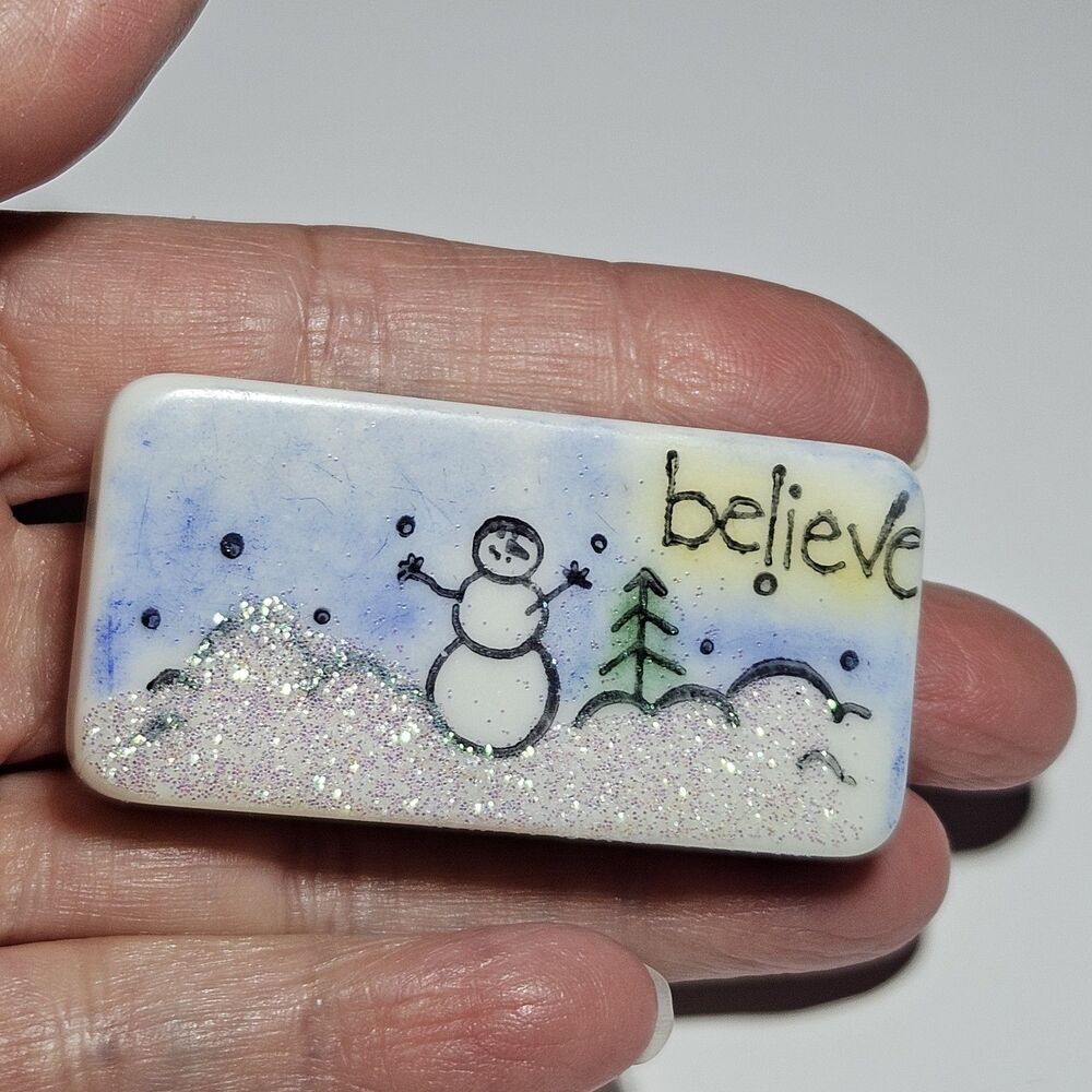 Handpainted Snowman Glittery Brooch Made From Domino Blue Green